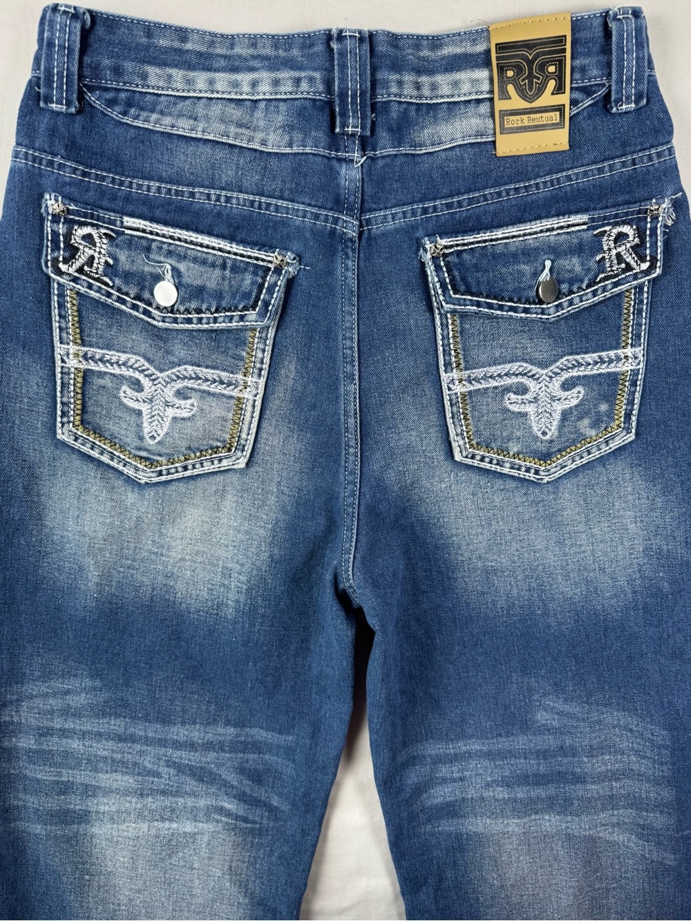 Men’s Y2K Baggy Wide Leg Jeans Embroidered Flap Pocket Medium Wash 30x28 - Picture 3 of 11